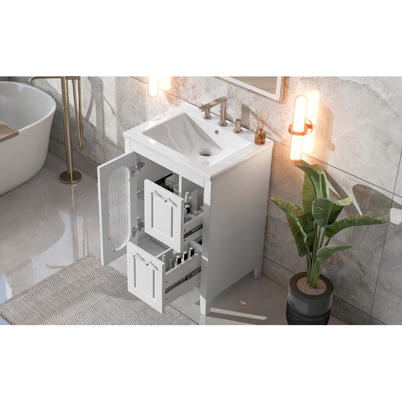 Meuble-lavabo 24 po avec lavabo, meuble-lavabo avec deux tiroirs et porte, tablette réglable, bois massif et panneau de fibres à densité moyenne
