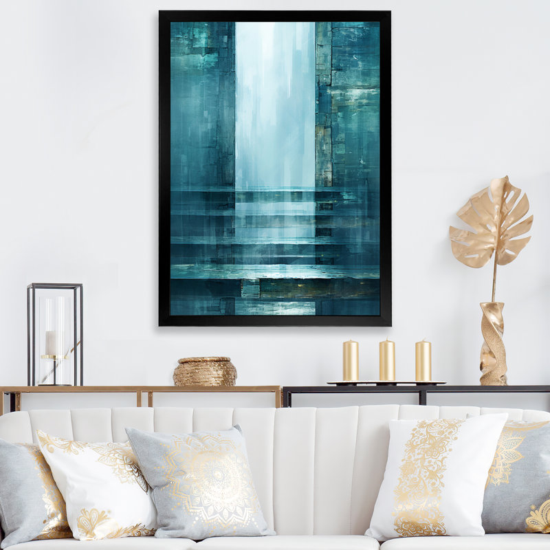Décoration murale porte à l'autre côté turquoise I - Collages abstraits, Cadre simple noir, H 32 po x l 16 po x P 1 po