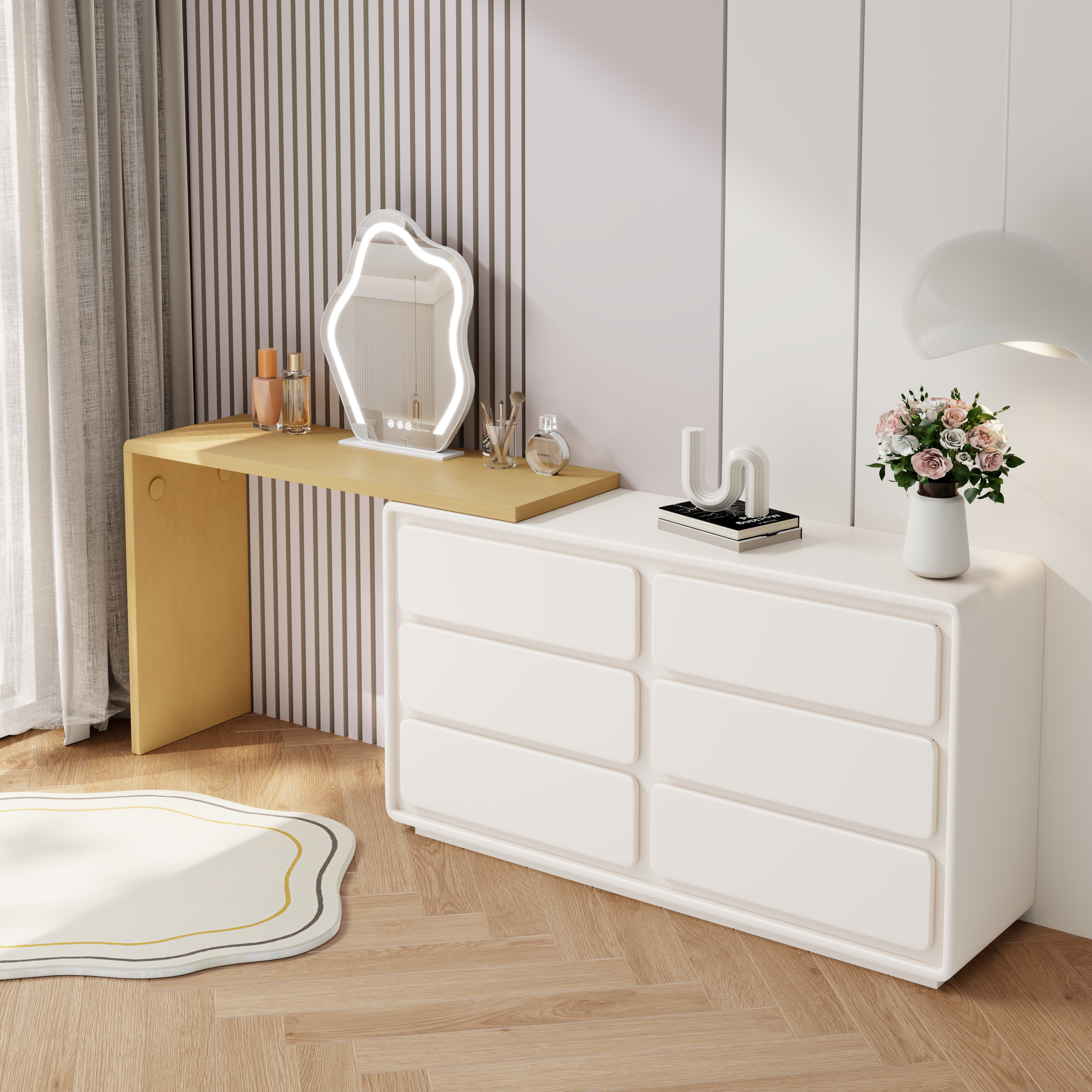 Orren Ellis Kovie Modern Home Office Expandable Dresser Desk Combo With Storage With Drawers