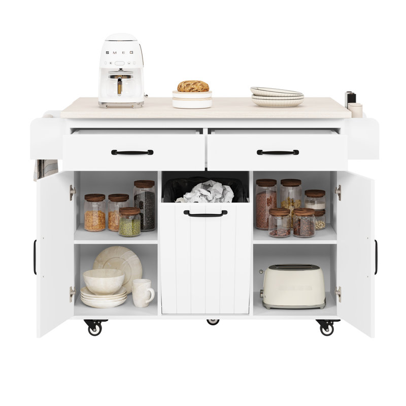 Îlot de cuisine moderne avec abattant pliable, étagères réglables, rangement pour poubelle, porte-serviettes sur chariot blanc, dissimulé -