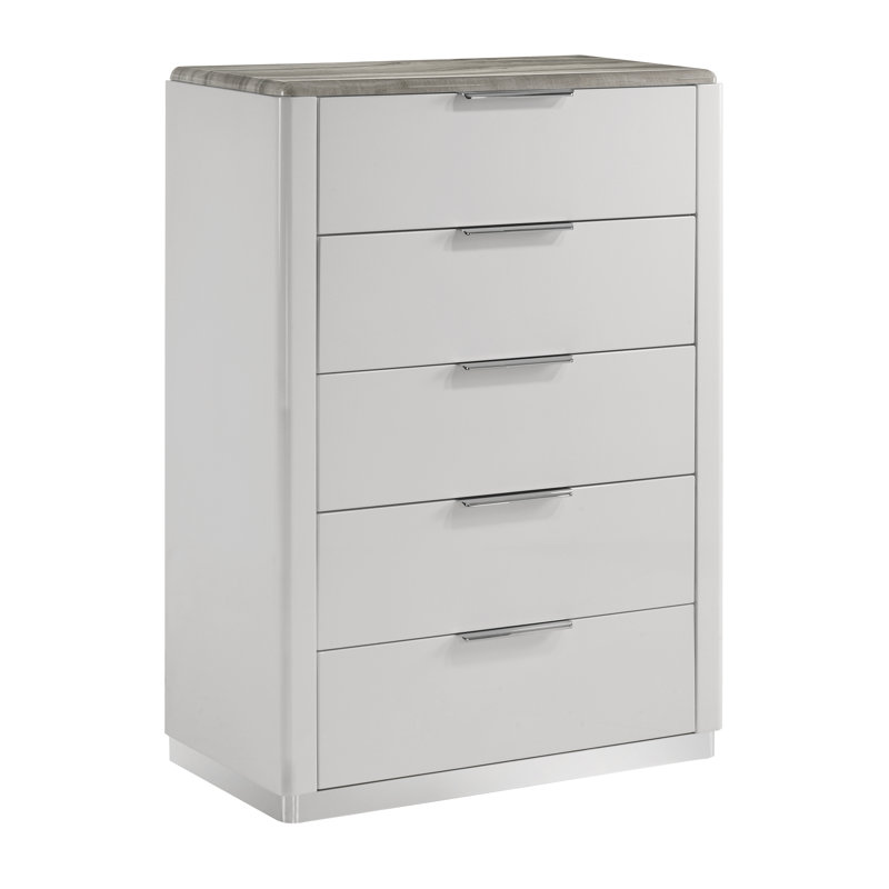 Grande commode de rangement verticale Monaco avec cinq tiroirs, détails en marbre gris et quincaillerie contemporaine en chrome