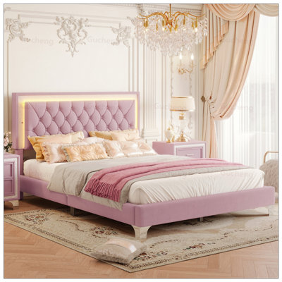 Structure de lit en velours capitonnée avec lumières DEL pour chambres à coucher modernes et élégantes, confortables et élégantes