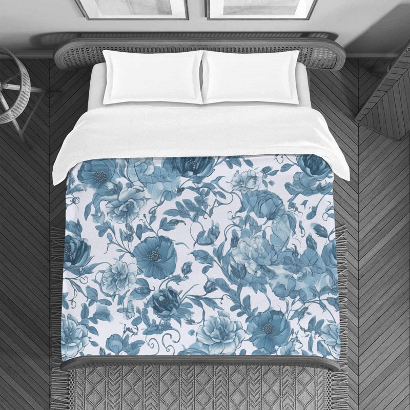 Housse de couette florale en microfibre bleu / blanc, Housse de couette grand