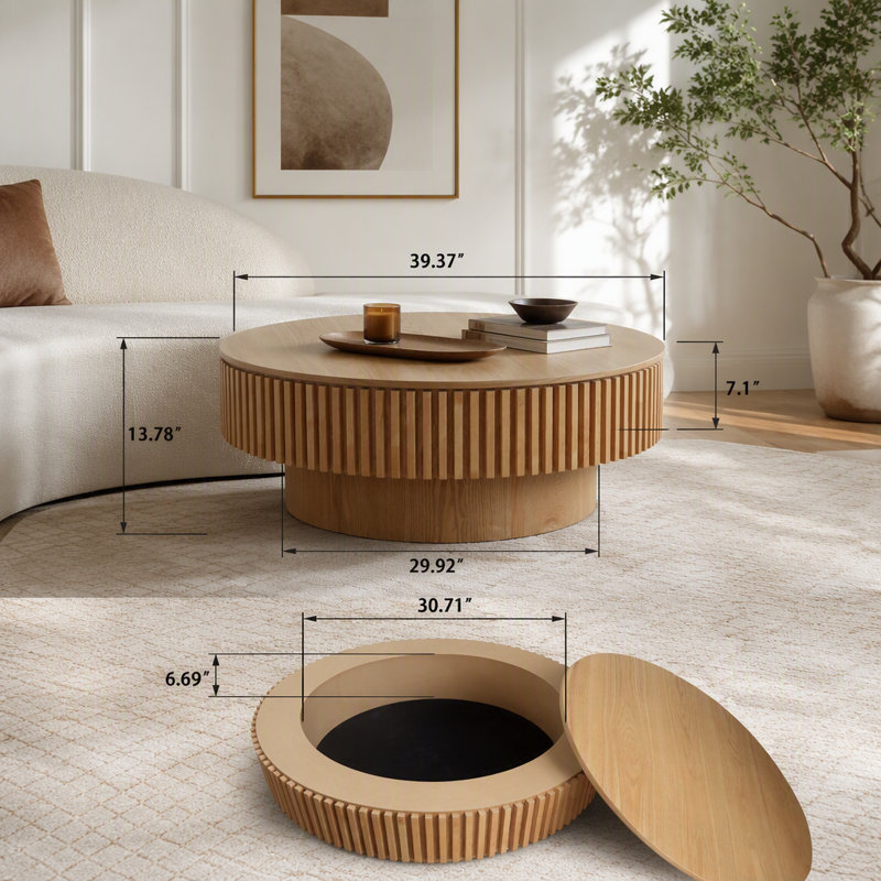 Table basse ronde avec rangement caché, 55 lbs, Natural Wood