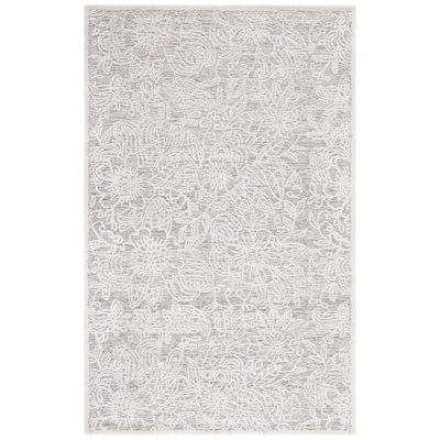 Tapis floral ivoire / gris en coton / laine / coton touffeté à la main Bateh