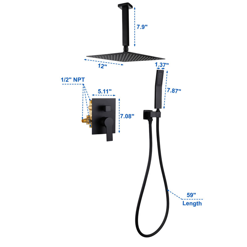 Système de douche complet avec valve brute, Noir