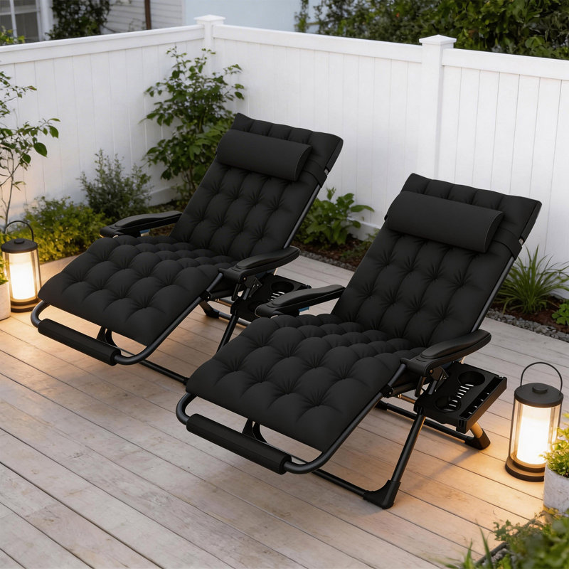 Ensemble de très grandes chaises Xxl Zero Gravity de 2 pièces, chaise longue de patio inclinable robuste de 500 lb avec serrure en alliage d'aluminium, coussin amovible, coussin et grand porte-gobelet, chaise d'extérieur pliable