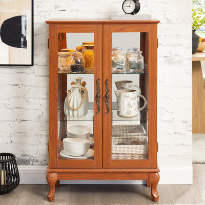 Armoire vitrée à 2 portes en chêne foncé de style américain rétro avec verre trempé, dossier en miroir et tablettes réglables pour la maison ou le bureau de livres de vin exquis éclairés - une présentation parfaite