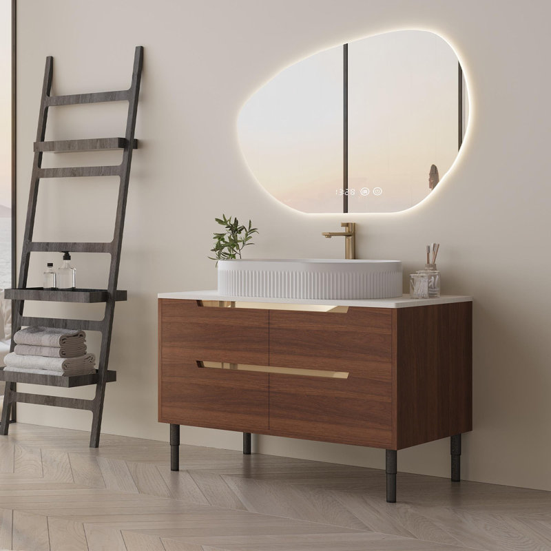 Meuble-lavabo de salle de bain avec tiroirs à fermeture en douceur, Noyer