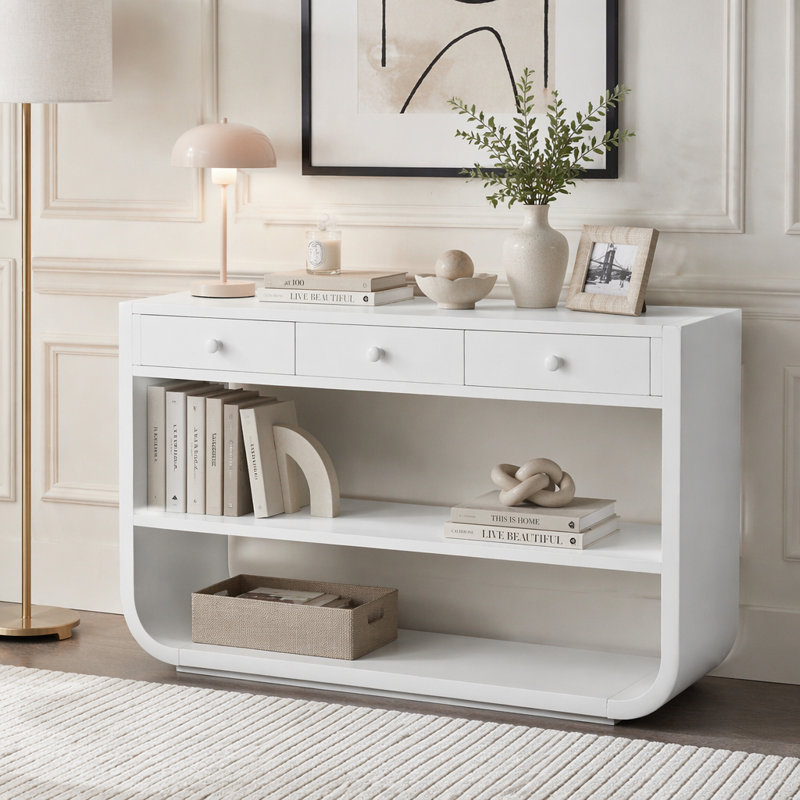 Console moderne avec 3 tiroirs à fermeture en douceur et 2 tablettes ouvertes, White