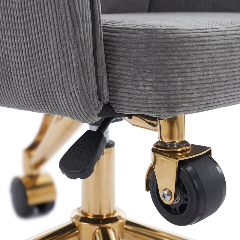 Chaise de bureau en velours côtelé gris à dossier moyen avec base dorée élégante et mousse à mémoire de forme