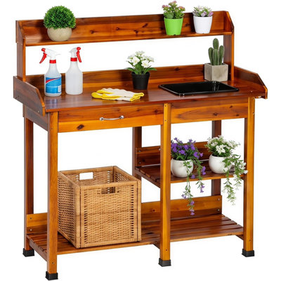 Outdoor Potting Bench Table with Sink & Drawer Wooden Planting Table with 132lb Weight Capacity , Basin, Storage Drawer, Shelves and Hooks