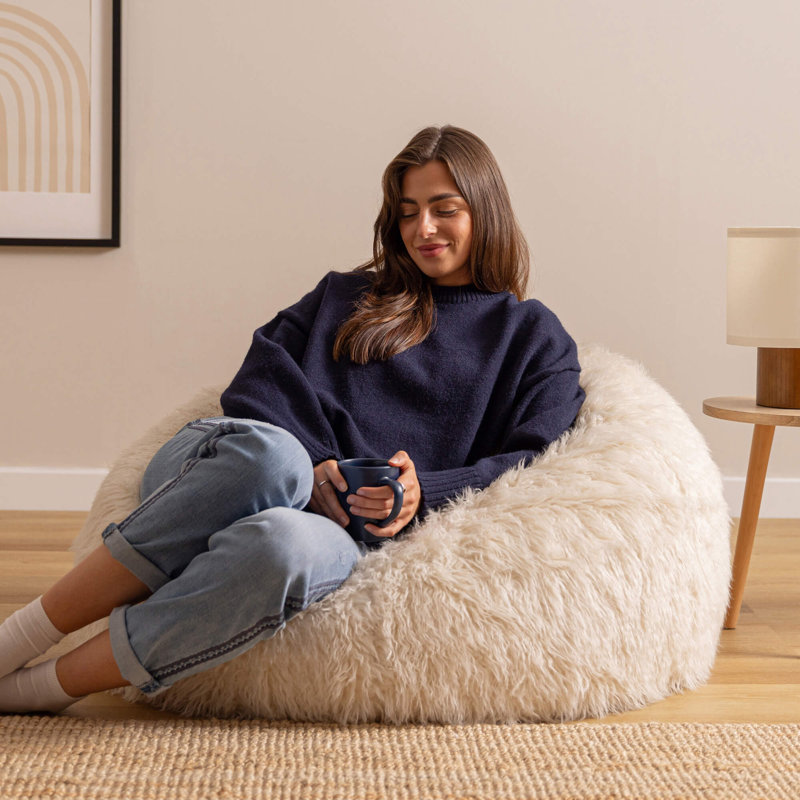 Bean Bag Bazaar Kingston Faux Fur Classic Bean Bag and Reading Pillow Set, Beige