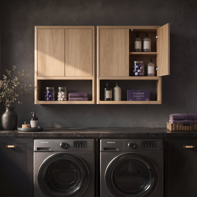 Armoire murale de buanderie l 24 po avec portes réglables et tablette ouverte VANIRror, chêne naturel