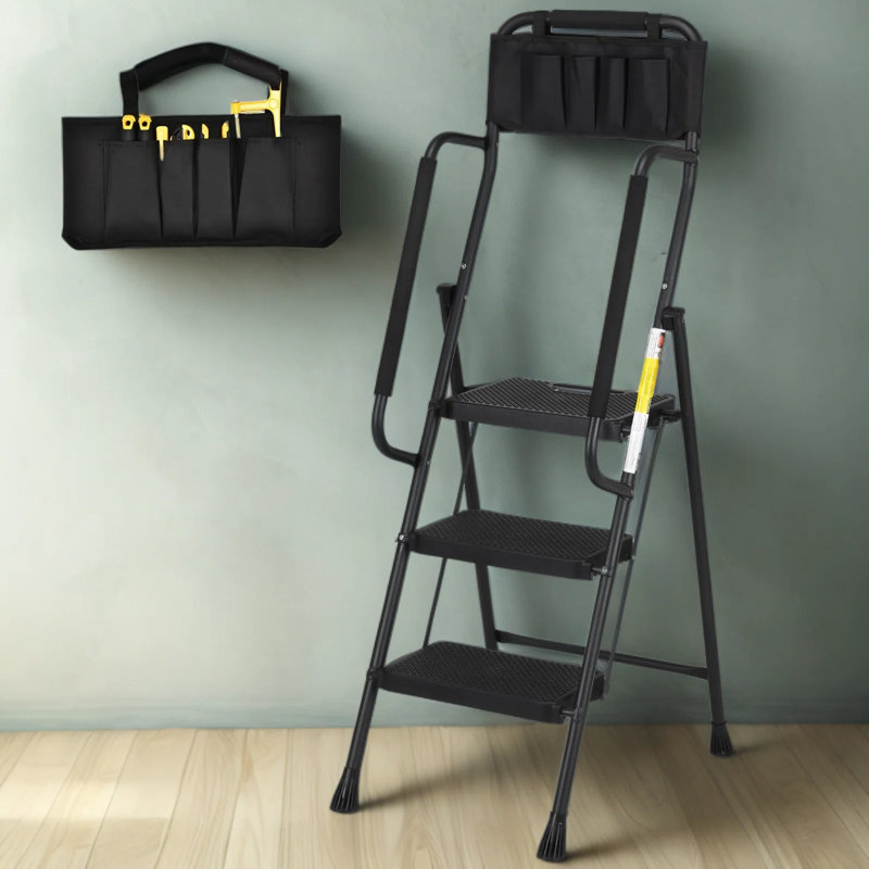 Escabeau pliant avec mains courantes et sac à outils, marchepied large antidérapant en acier pour la maison, la cuisine, le bureau et le garage