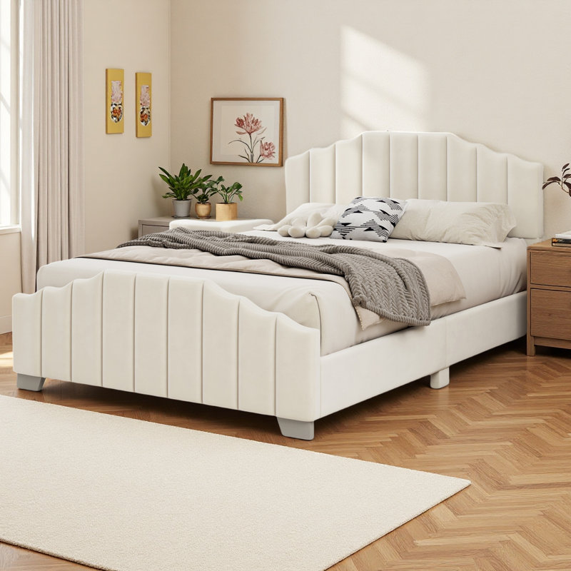 Tête de lit et pied de lit capitonnés en velours, avec sommier tapissier Velvet, Grand lit, Beige