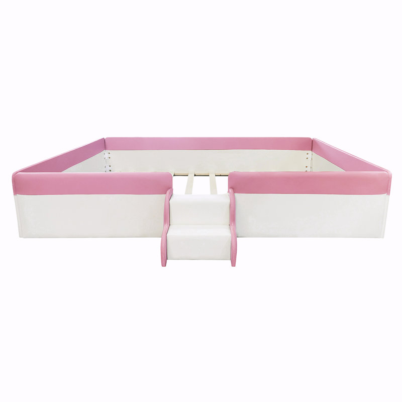 Tamaj Upholstered Daybed Frame with Fence and Stairs, Full, White/Pink