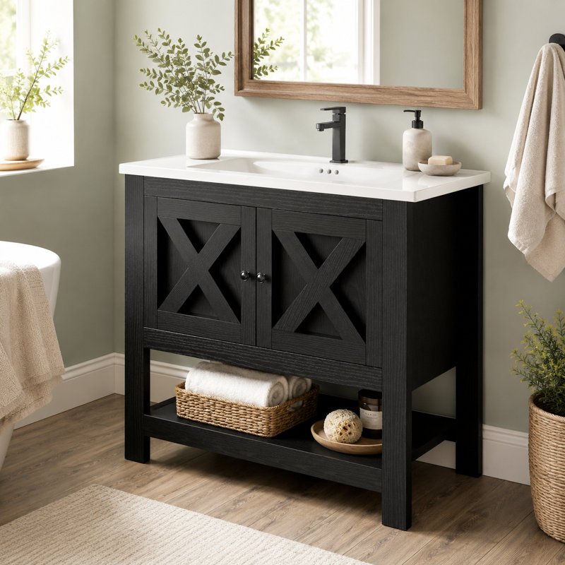 Single Bathroom Vanity with Ceramic Top, Noir