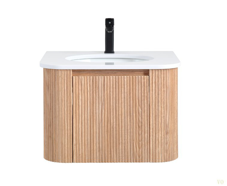 Meuble-lavabo mural de 24 po avec lavabo au design incurvé, finition en bois à texture ondulée, marbre de culture intégré pré-assemblé, meuble-lavabo flottant moderne avec tiroir à fermeture en douceur