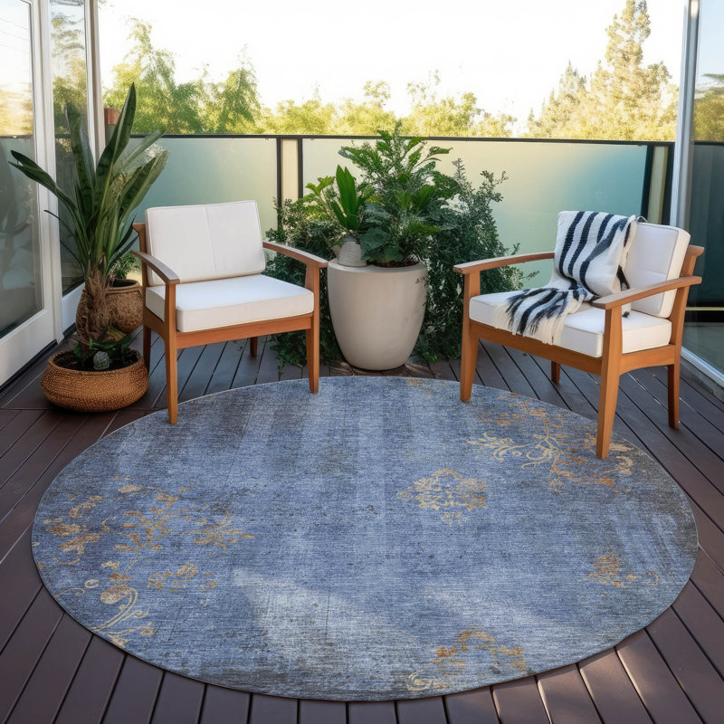 Machine Washable Indoor/Outdoor Xhevrie Denim Rug, Round 8'
