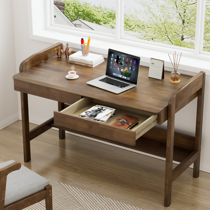 Bureau en bois massif avec tiroirs - Bureau d'ordinateur à hauteur réglable manuellement avec trou pour câbles, Brun