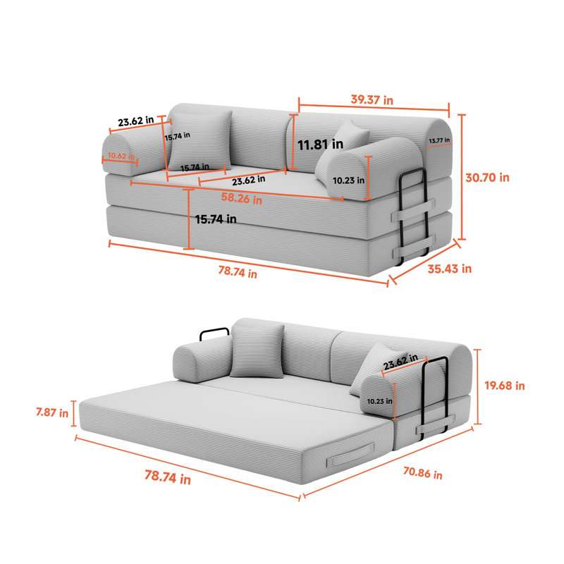 Convertible Corduroy Sleeper Sofa Bed - 4-in-1 Folding Mattress Floor Couch with High-Resilience Foam for Living Room & Studio