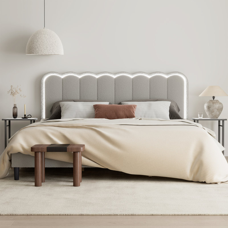 Solid Wood King Size Boucle Platform Bed with Rounded Headboard in Dove Gray with DIY Multicolor RGB Lights, Dove Gray, King