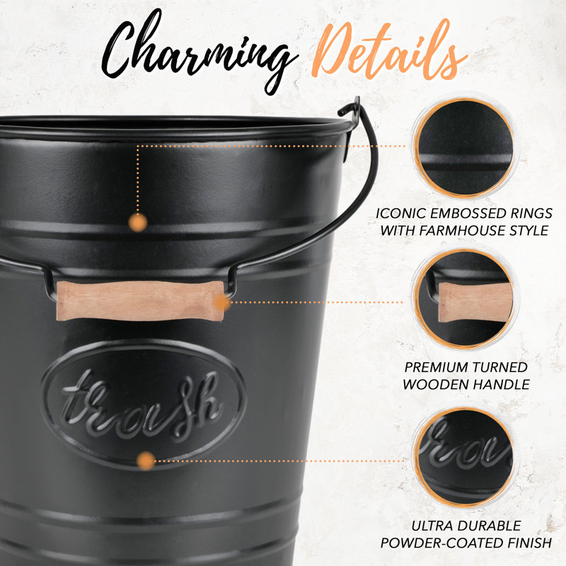 Matte Black Galvanized Metal Trash Can with Wooden Handle