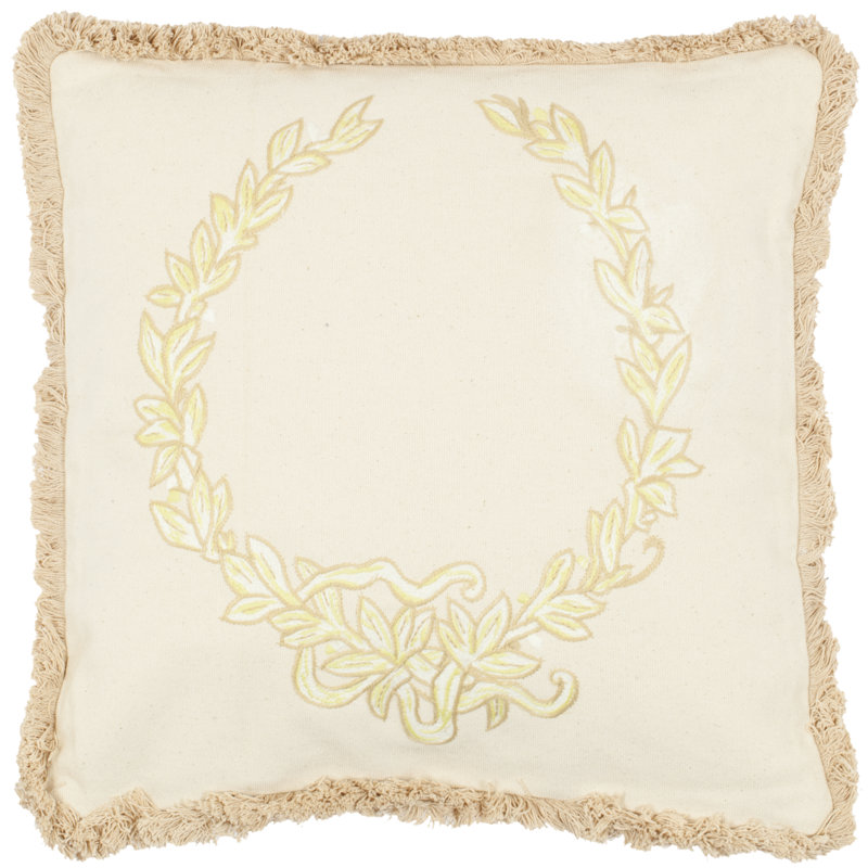 Wheat and Yellow Embroidered Cotton Square Throw Pillows, Set of 2