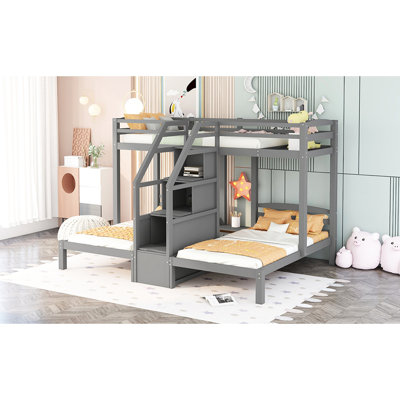 Gray Twin Over & Bunk Bed With Built-In Shelf And Drawer - Enhances Bedroom Storage Convenience Wardrobe Adds Space A Modern Look