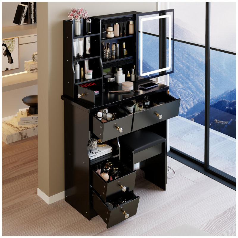 29.2" Small Size Left Drawer Desktop Vanity Table + Cushioned Stool, 2 AC+2 USB Power Station, Hair dryer bracket, Extra Large Touch Control Sliding LED Mirror, Tri-color Switching, Brightness Adjust
