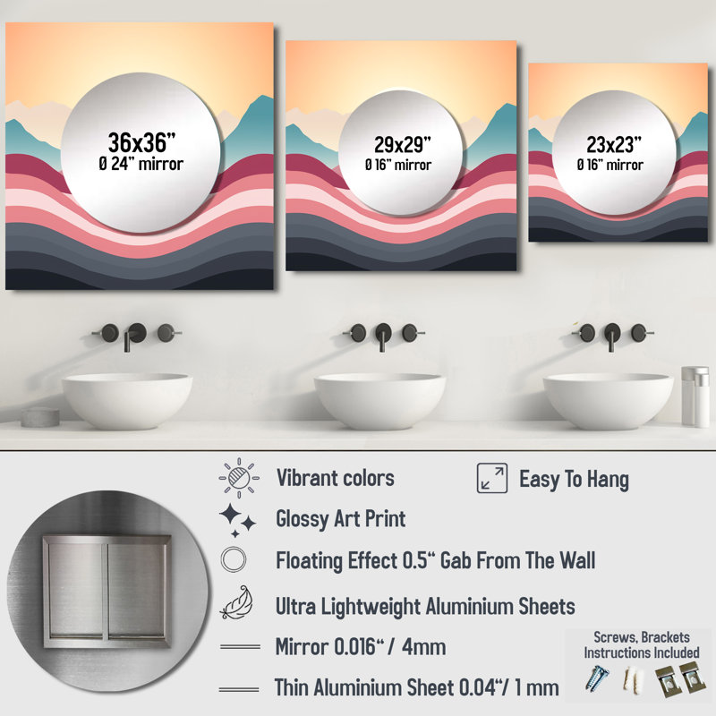 Bold Graphic Sunset In Teal And Pink I - Modern Geometric Square Mirror For Wall Art Decor, 23" x 23"