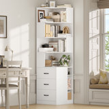 76.8" Corner Bookcase, 7-Tier L-Shaped Bookshelf with 4 Open Shelves & 3 Deep Drawers – Space-Saving Storage for Small Spaces, Apartments, Dorms，Office