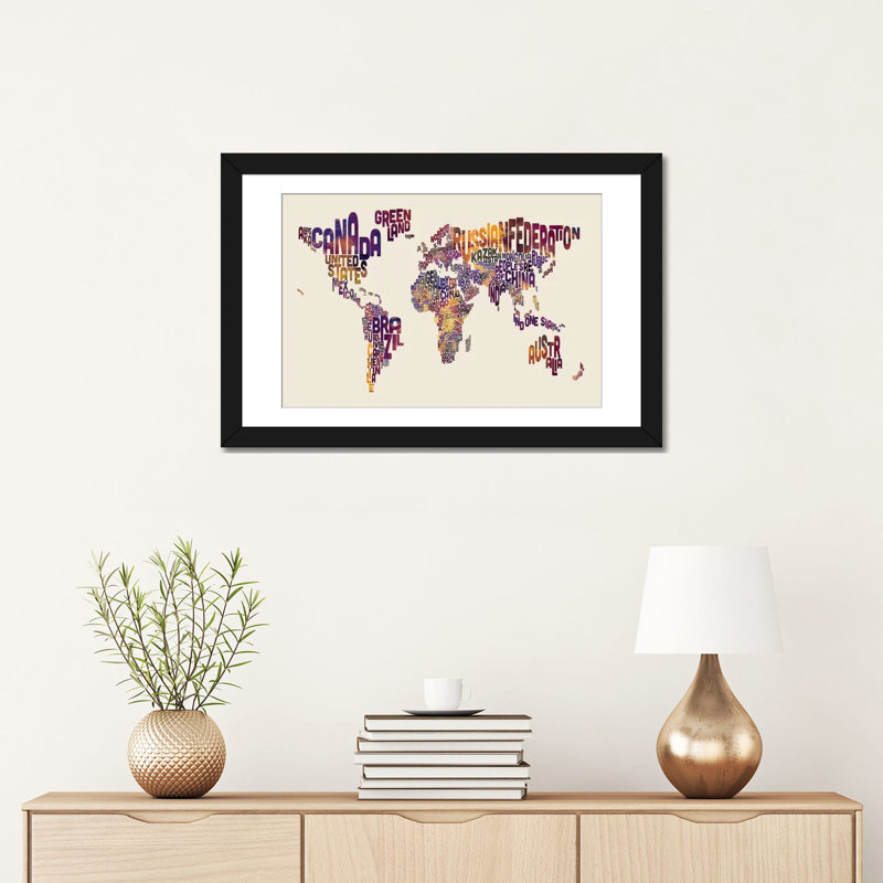 Série de carte du monde : typographie i, impression sur toile tendue, H 16 po x l 24 po x P 1 po, Papier d'art encadré noir