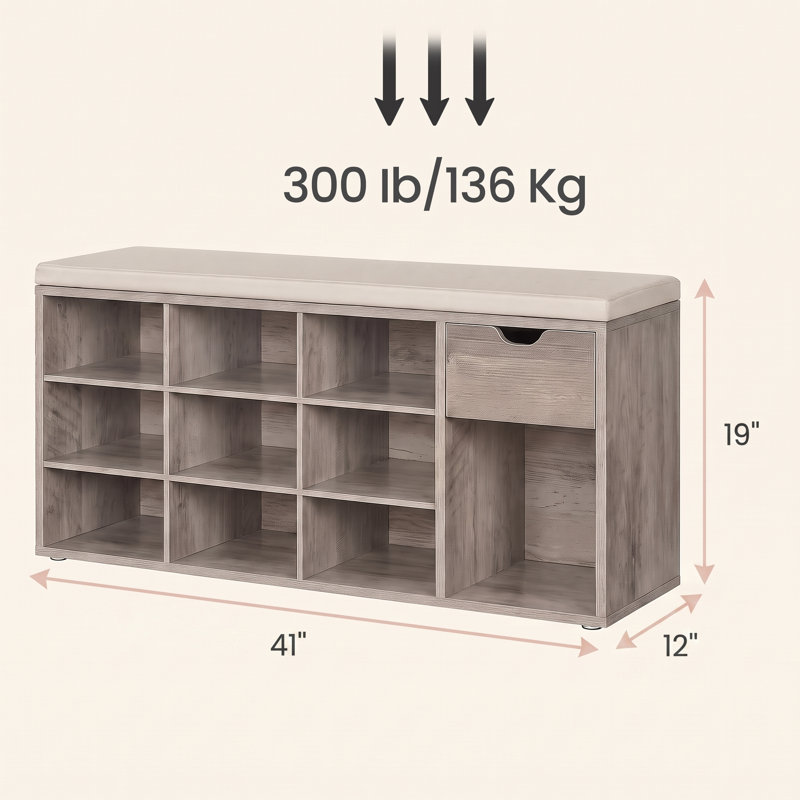 Banc de rangement pour 10 paires de chaussures avec tiroir, Heather grège / beige cappuccino