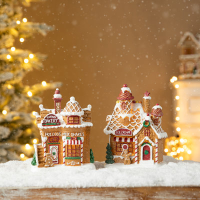 2-Piece 7.25"H Lighted Resin Christmas Gingerbread House Table Decor
