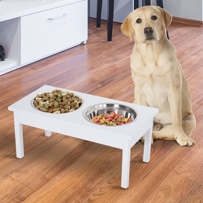 White Elevated Wooden Pet Feeding Station with Stainless Steel Bowls