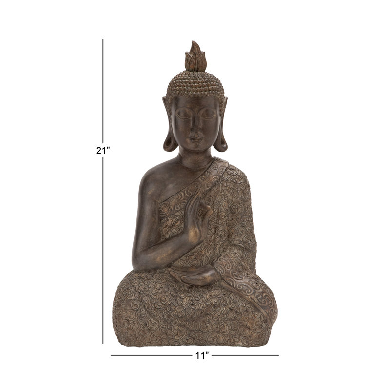 Brown Polystone Meditating Buddha Sculpture with Engraved Carvings