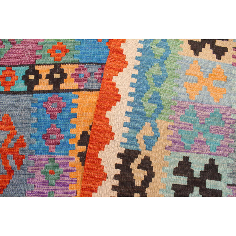 Tapis géométrique bleu / rouille / mauve en laine noué à la main à motif géométrique 8 pi 3 po x 11 pi 2 po Cedorah