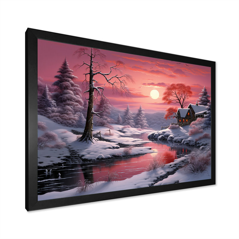 «White Snowy Trees by The River At Red Sunset I», impression sur toile, H 12 po x l 20 po x P 1 po, Cadre photo noir