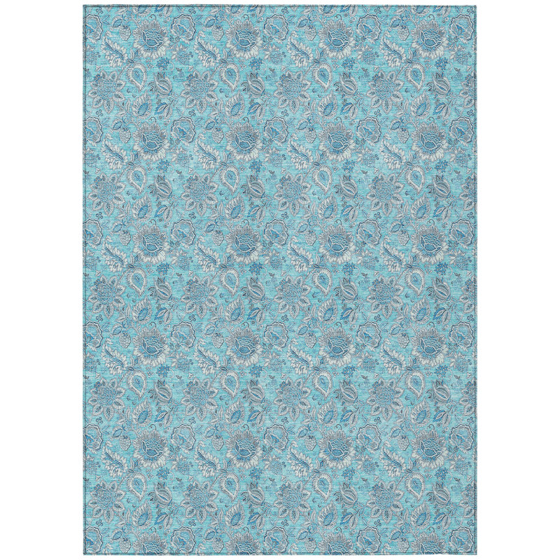 3' X 5' Aqua Blue And Silver Floral Washable Indoor Outdoor Area Rug