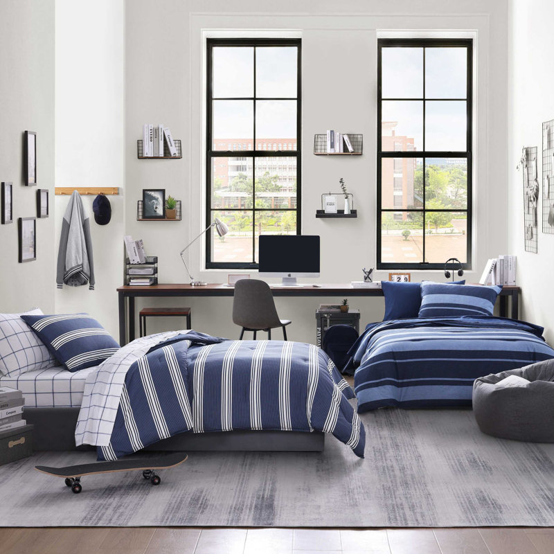 Ensemble d'édredon réversible en coton Nautica Craver, Édredon simple / simple TG + 1 taie décorative, Bleu marine