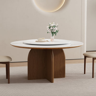 Modern Round Dining Table With Lazy Susan, Glossy Sintered Stone, Solid Wood Kitchen Table for Dining Room