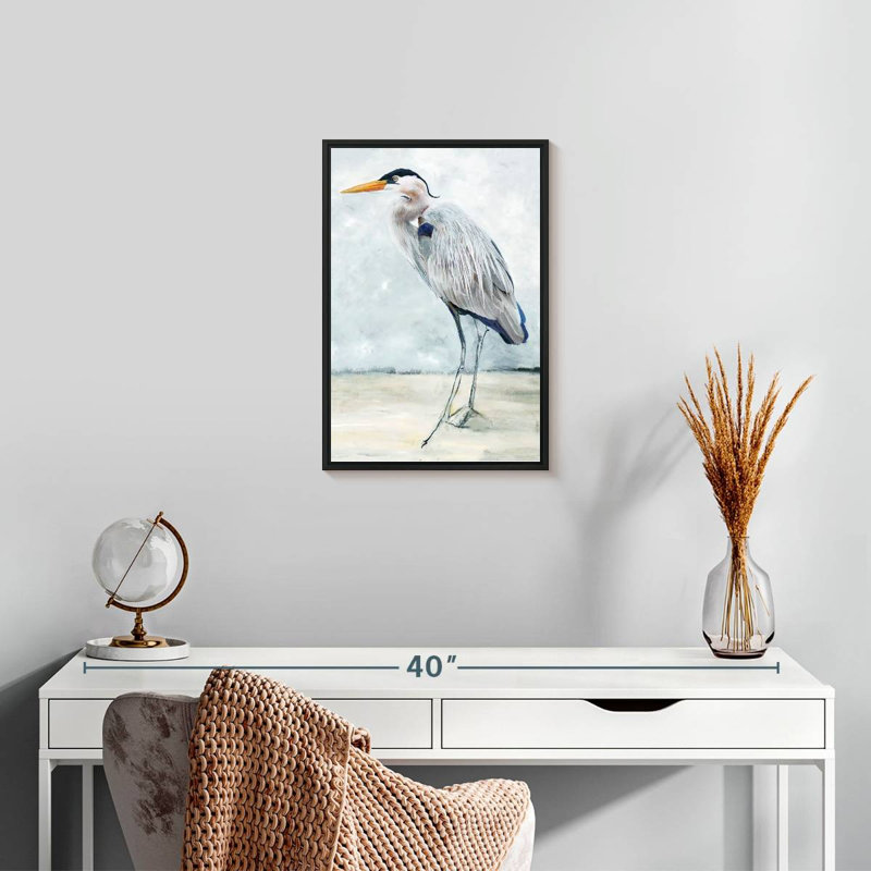 Héron bleu plage I, 13 po x 19 po, Cadre flottant noir