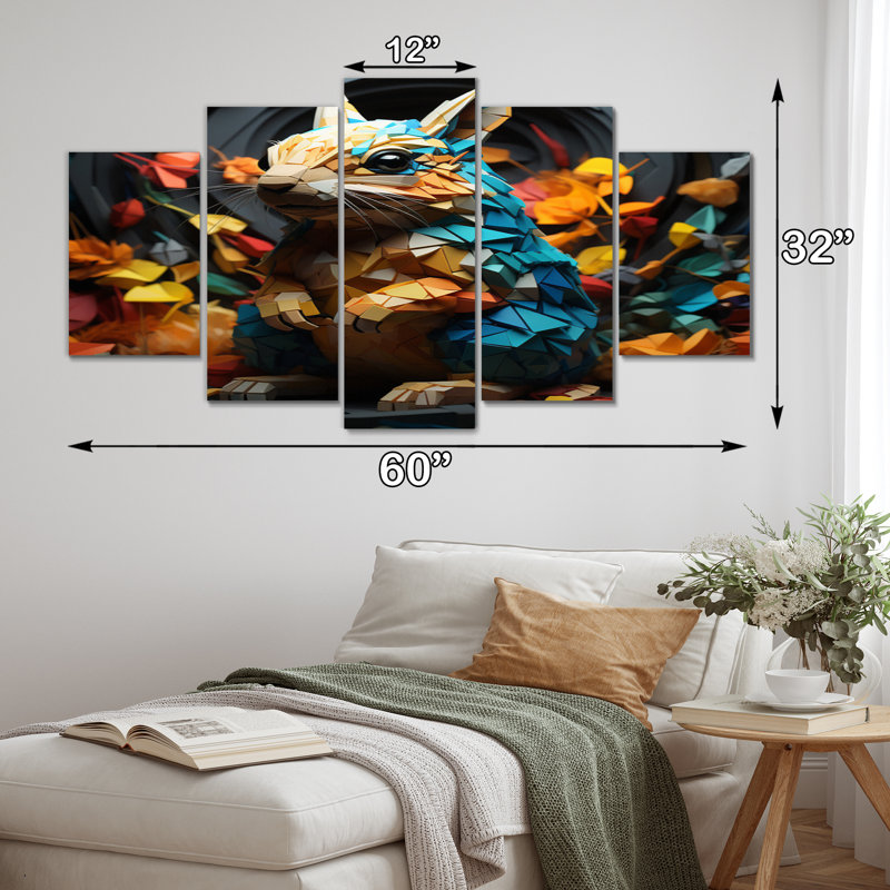 Colorful Squirrel Squirrels Antics Geometric - Animals Wall Decor - 5 Panels