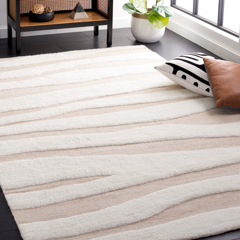 Tapis ivoire / beige en laine et coton tissé à plat à la main Brogun, Rectangle de 5 pi x 8 pi