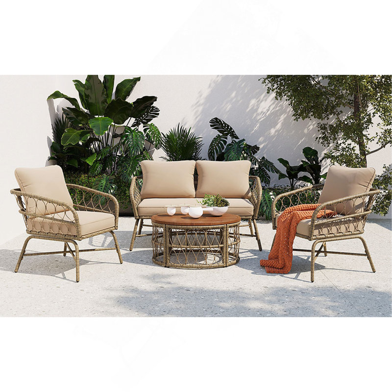 Ensemble de conversation d'extérieur 4 personnes avec coussins amovibles, ensemble de patio conversation avec plateau en bois d'inspiration bohémienne, beige