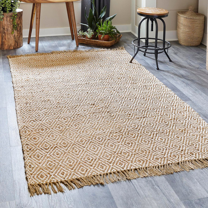 Tapis naturel tressé à la main à motif géométrique, Rectangle 12 pi 2 po x 16 pi 1 po