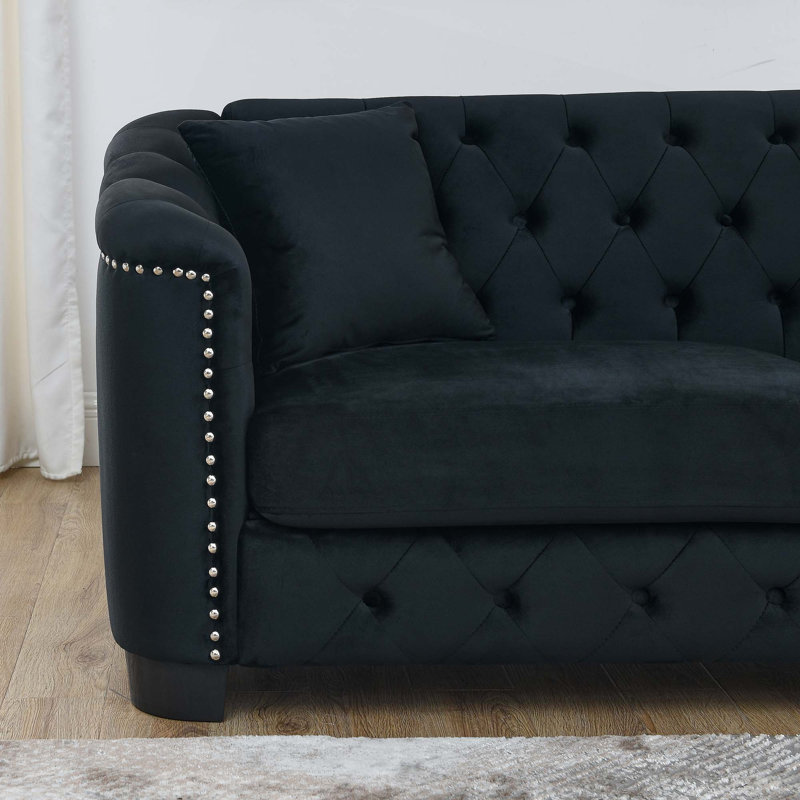Canapé Chesterfield moderne en velours, dossier capitonné, accoudoirs cloutés et 2 coussins., L 59 po, Black Velvet