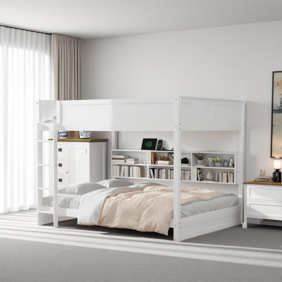 Queen Over Queen Bunk Bed With Storage Cabinets And USB Ports